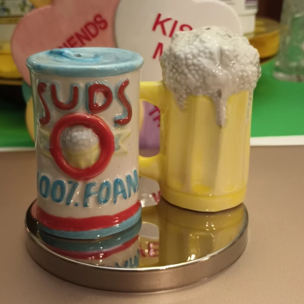 Fitz and Floyd ceramic beer can and beer mug